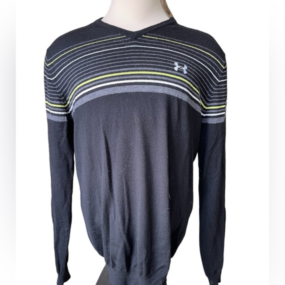 UNDER ARMOUR Merino Wool V Neck Sweater Black Stripe Golf Longsleeve Size XL‎